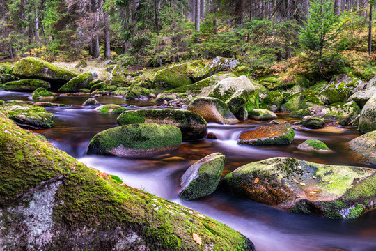 River Vydra In Sumava Mountains Czech Republic.