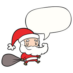 cartoon santa claus carrying sack of presents and speech bubble