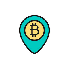 Location mark with bitcoin coin, blockchain flat color icon.