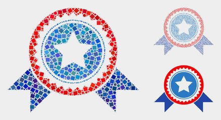 Mosaic Star stamp with ribbons icon united from round and square elements in random sizes, positions and proportions.