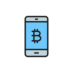 Smartphone display with bitcoin sign, blockchain flat color icon.