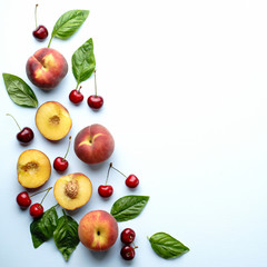 Summertime banner with pieces of ripe fruits, bright design. Creative summer idea, food background