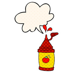 cartoon ketchup bottle and speech bubble in comic book style