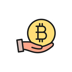 Hand with bitcoin coin, cryptocurrency flat color icon.