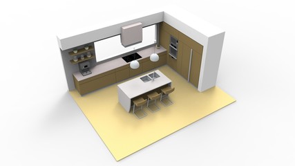 3d rendering of a showcase kitchen isolated in white studio background