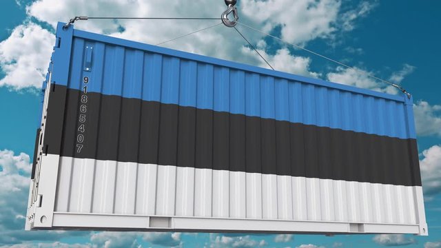 Loading container with flag of Estonia. Estonian import or export related conceptual 3D animation