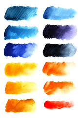 set of twelve Abstract headline background. A shapeless oblong spot of yellow, red, orange, blue, purple color. Gradient from dark to light. Hand drawn watercolor illustration on texture paper.