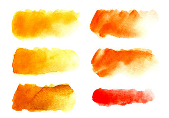 set of six Abstract headline background. A shapeless oblong spot of yellow, red, orange color. Gradient from dark to light. Hand drawn watercolor illustration on texture paper. isolate on white
