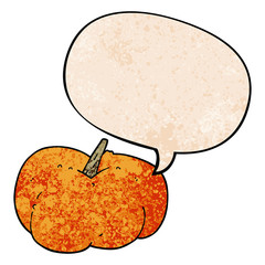 cartoon pumpkin squash and speech bubble in retro texture style