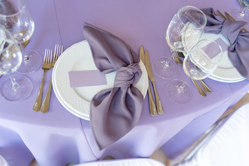Stylish wedding details. Plate and fabric napkin