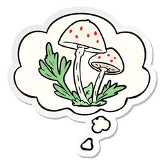 cartoon mushrooms and thought bubble as a printed sticker