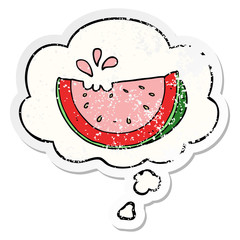 cartoon watermelon and thought bubble as a distressed worn sticker