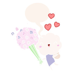 cute cartoon cloud head creature and speech bubble in retro style