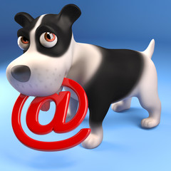 Funny puppy dog holds an email address symbol in his muzzle, 3d illustration