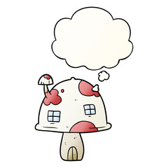 cartoon mushroom house and thought bubble in smooth gradient style