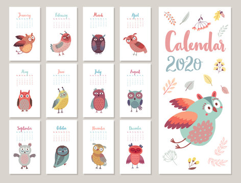 Calendar 2020. Cute monthly calendar with