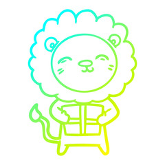 cold gradient line drawing cartoon lion with christmas present