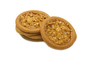 Biscuits cracker homemade. Circle.and thin shield design. Almond tart and so sweet flavored cookies . Isolated on white background.