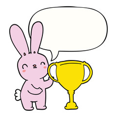 Fototapeta na wymiar cute cartoon rabbit and sports trophy cup and speech bubble