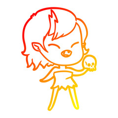 warm gradient line drawing cartoon laughing vampire girl with skull