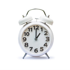 White alarm clock at 1 one o'clock isolated on white background (clipping path)