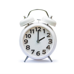 White alarm clock at two 2 o'clock isolated on white background (clipping path)