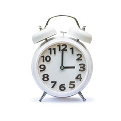 White alarm clock at 3 three o'clock isolated on white background (clipping path):