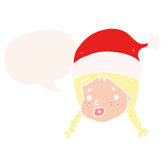 cartoon girl wearing christmas hat and speech bubble in retro style