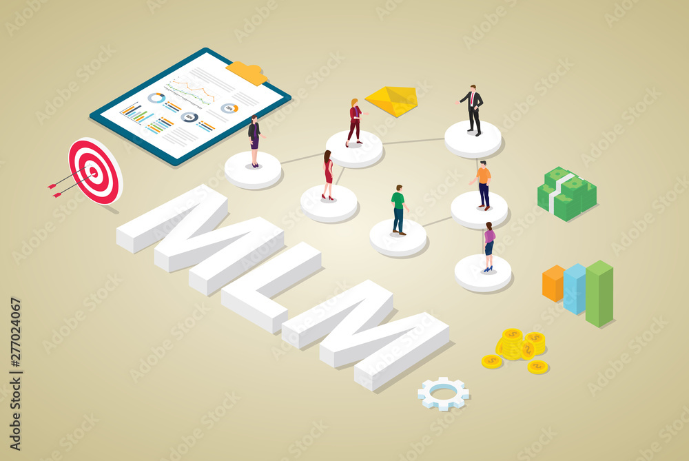 Aufkleber multi-level marketing business concept with team people scheme binary tree concept with money and is