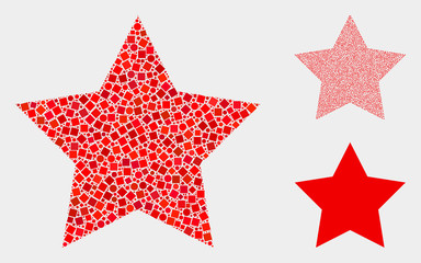 Collage Red star icon composed of round and square items in different sizes, positions and proportions. Vector round and square items are arranged into abstract composition red star icons.