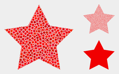 Fototapeta premium Collage Red star icon composed of round and square items in different sizes, positions and proportions. Vector round and square items are arranged into abstract composition red star icons.