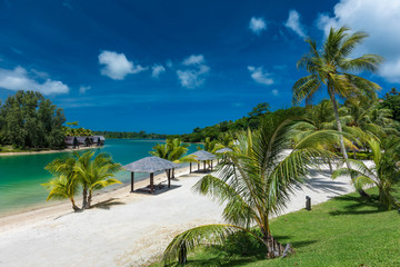 Tropical resort destination in Port Vila, Efate Island, Vanuatu, beach and palm trees