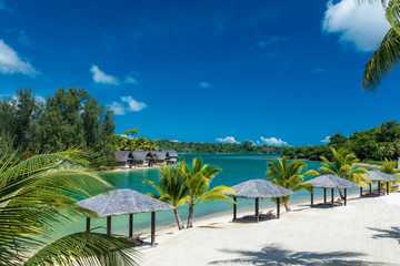 Tropical resort destination in Port Vila, Efate Island, Vanuatu, beach and palm trees - obrazy, fototapety, plakaty
