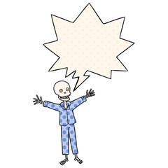 cartoon skeleton wearing pajamas and speech bubble in comic book style