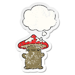 cartoon mushroom and thought bubble as a distressed worn sticker