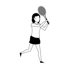 Fitness woman training tennis sport cartoon isolated in black and white