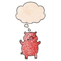 cartoon pig and thought bubble in grunge texture pattern style