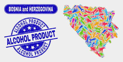 Tools Bosnia and Herzegovina map and blue Alcohol Product grunge seal. Bright vector Bosnia and Herzegovina map mosaic of equipment parts. Blue rounded Alcohol Product seal.