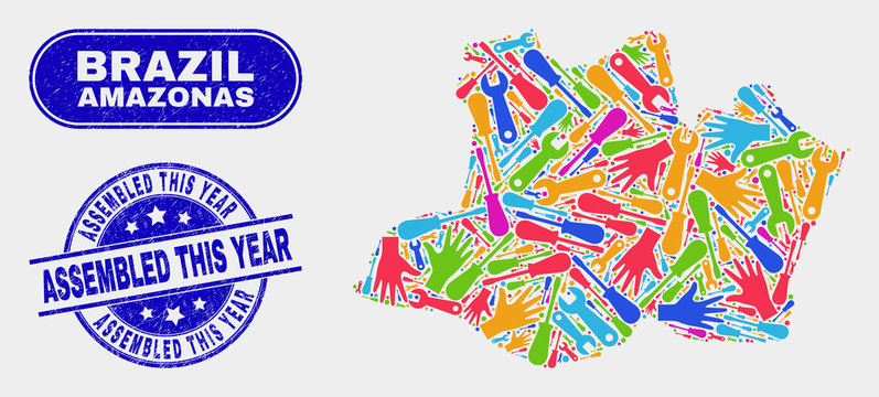 Assembly Amazonas State map and blue Assembled This Year scratched seal stamp. Colored vector Amazonas State map mosaic of workshop elements. Blue rounded Assembled This Year seal.