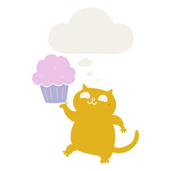 cartoon cat with cupcake and thought bubble in retro style