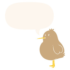 cute cartoon kiwi bird and speech bubble in retro style
