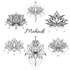 Filigree lotus flower set, vector handdrawn illustration
