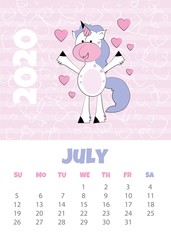 Calendar 2020 with unicorn. July. Funny unicorn with hearts. Vector illustration.