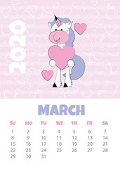 Calendar 2020 with unicorn. March. Funny unicorn with hearts. Vector illustration.