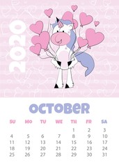 Calendar 2020 with unicorn. October. Funny unicorn with hearts. Vector illustration.