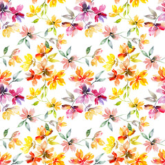 Watercolor hand drawn colored leaves and flowers on a white background seamless for use in design, wrapping paper, stationery, wallpaper, textiles