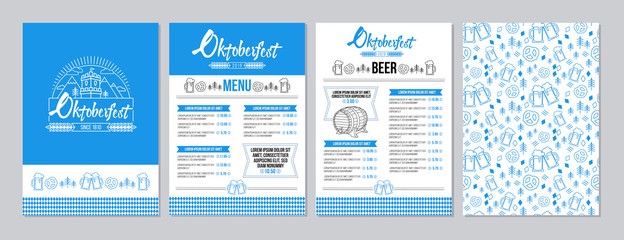 Oktoberfest pub menu template set in a modern minimalist style with festival logo, barrel of beer, beer mugs, pretzels and tradition seamless pattern. Vector illustration - obrazy, fototapety, plakaty