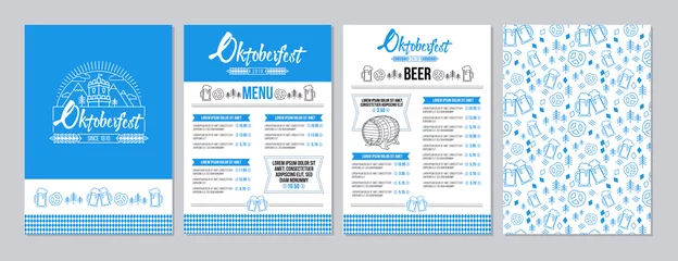 Fotobehang Oktoberfest pub menu template set in a modern minimalist style with festival logo, barrel of beer, beer mugs, pretzels and tradition seamless pattern. Vector illustration © Tanya