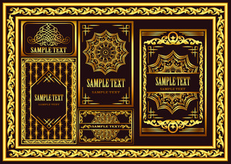 Illustration set of vintage cards and frames with gold pattern