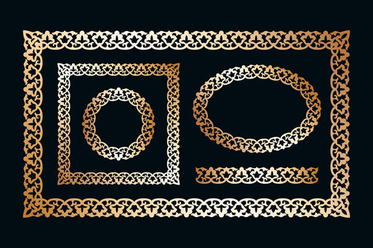 Vector pattern set of floral frame borders of various shapes in Uzbekistan style, mockups for design banners, cards. Circle, oval, square, rectangle, seamless element, illustration.